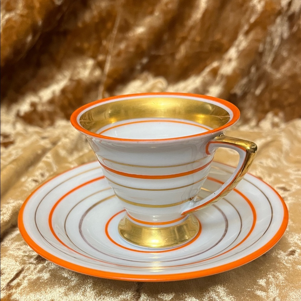 Gorgeous Vintage Gold and Orange Striped Espresso Cup and Saucer
